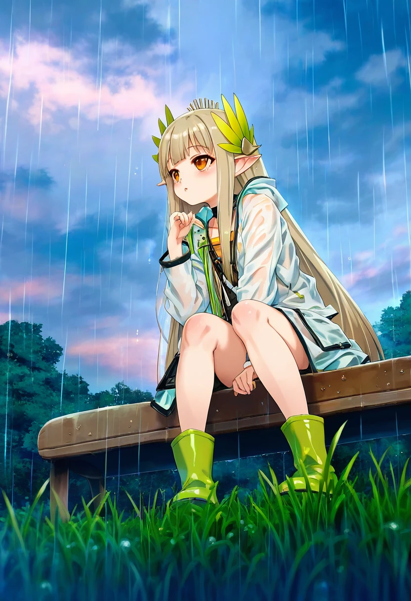 ((hitomaru)),[menyoujan,chen bin],[[tsubasa tsubasa]],[[[kedama milk,redrop]]],[[[[[aki99]]]]], - 1girl,muelsyse \(arknights\),arknights,cloudy sky,grass,on bench,outdoors,rain,road,yellow rubber boots,see-through coat,sitting,transparent raincoat,water drop,