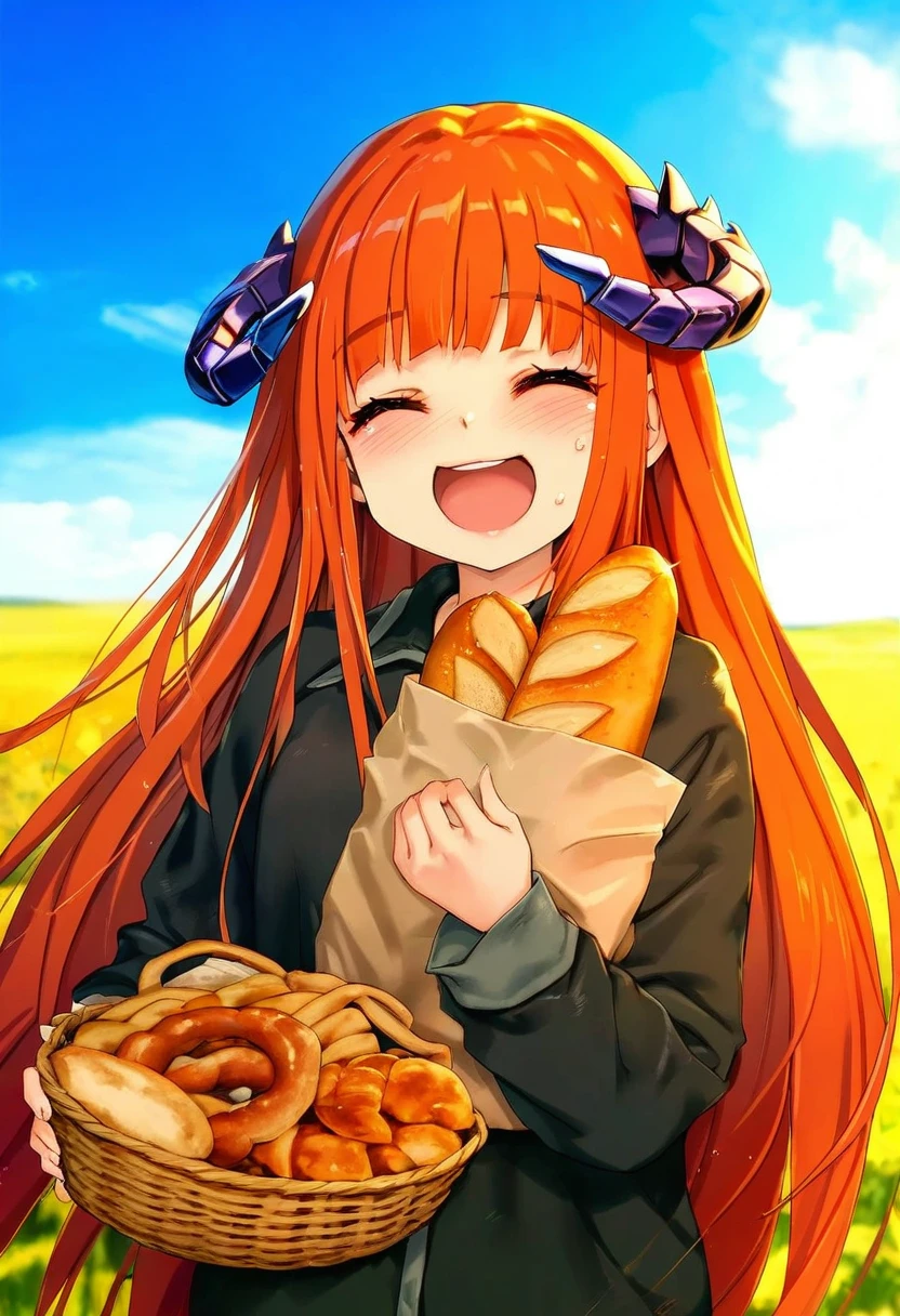 ((hitomaru)),[menyoujan,chen bin],[[tsubasa tsubasa]],[[[kedama milk,redrop]]],[[[[[aki99]]]]], - 1girl,bagpipe \(arknights\),arknights,baguette,blush,bread,croissant,holding basket,pretzel,upper body,straw hat,field,sky,laughing,sweat,sunlight,