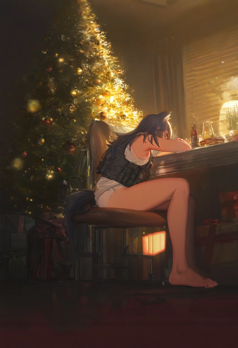 (alphonse \(white datura\)),miv4t,[[tianliang duohe fangdongye]], - 1girl,texas \(arknights\),arknights,underwear,tactical vest,christmas tree,christmas ornaments,
