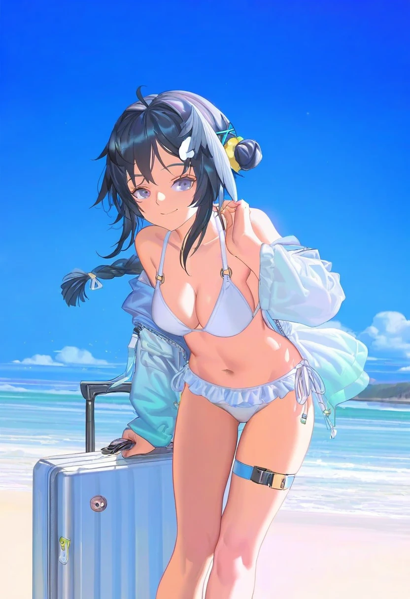 (alphonse \(white datura\)),miv4t,[[tianliang duohe fangdongye]], - 1girl,la pluma \(summer flowers\) \(arknights\),arknights,white bikini,outdoors,navel,day,sky,blue sky,beach,suitcase,looking at viewer,ocean,low-tied long hair,leaning forward,standing,holding,frills,hand up,bare shoulders,floating hair,
