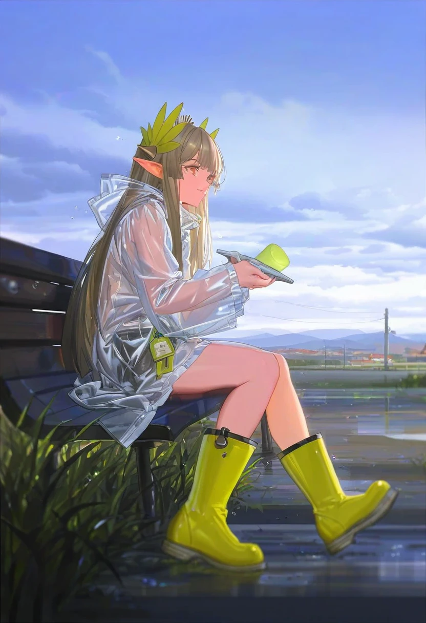 (alphonse \(white datura\)),miv4t,[[tianliang duohe fangdongye]], - 1girl,muelsyse \(arknights\),arknights,cloudy sky,grass,on bench,outdoors,rain,road,yellow rubber boots,see-through coat,sitting,transparent raincoat,water drop,