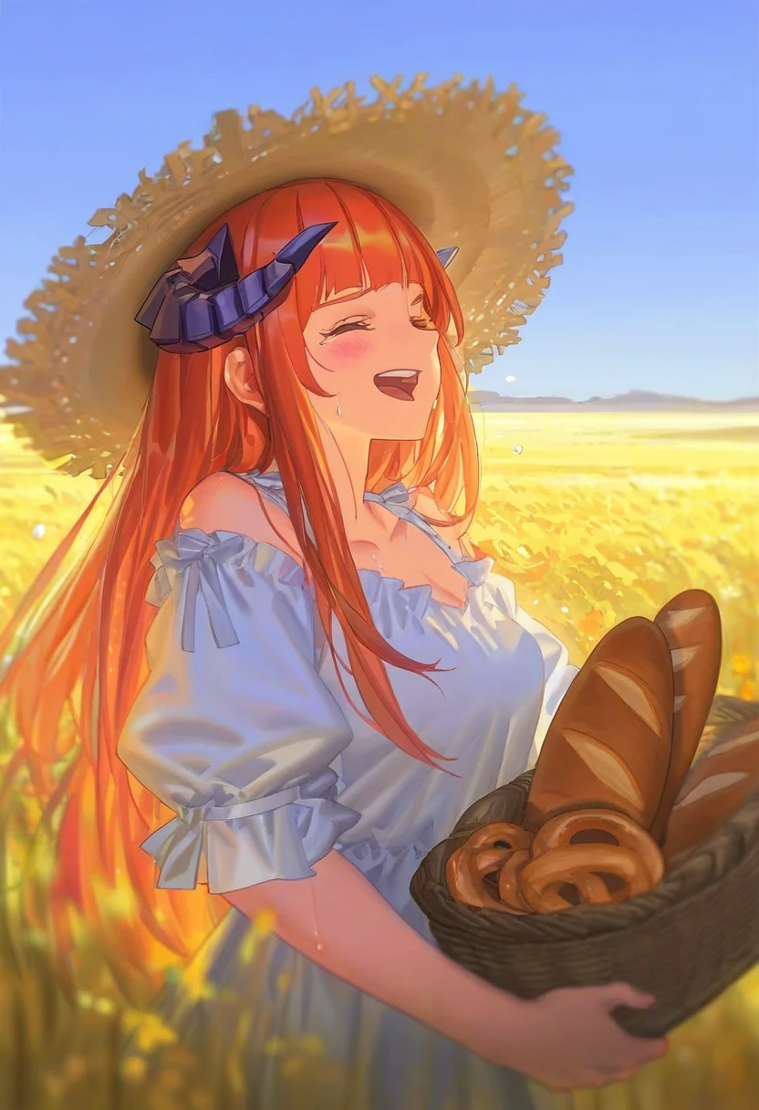 (alphonse \(white datura\)),miv4t,[[tianliang duohe fangdongye]], - 1girl,bagpipe \(arknights\),arknights,baguette,blush,bread,croissant,holding basket,pretzel,upper body,straw hat,field,sky,laughing,sweat,sunlight,