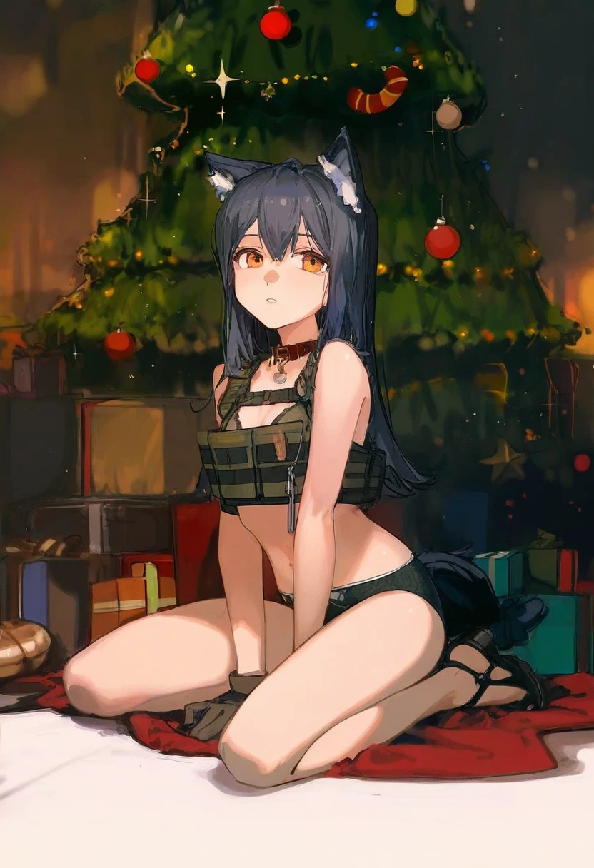 alp,(dino \(dinoartforame\),ciloranko),[[[[kuroduki \(pieat\)]]]],[[ask \(askzy\)]],maeda hiroyuki, - 1girl,texas \(arknights\),arknights,underwear,tactical vest,christmas tree,christmas ornaments,