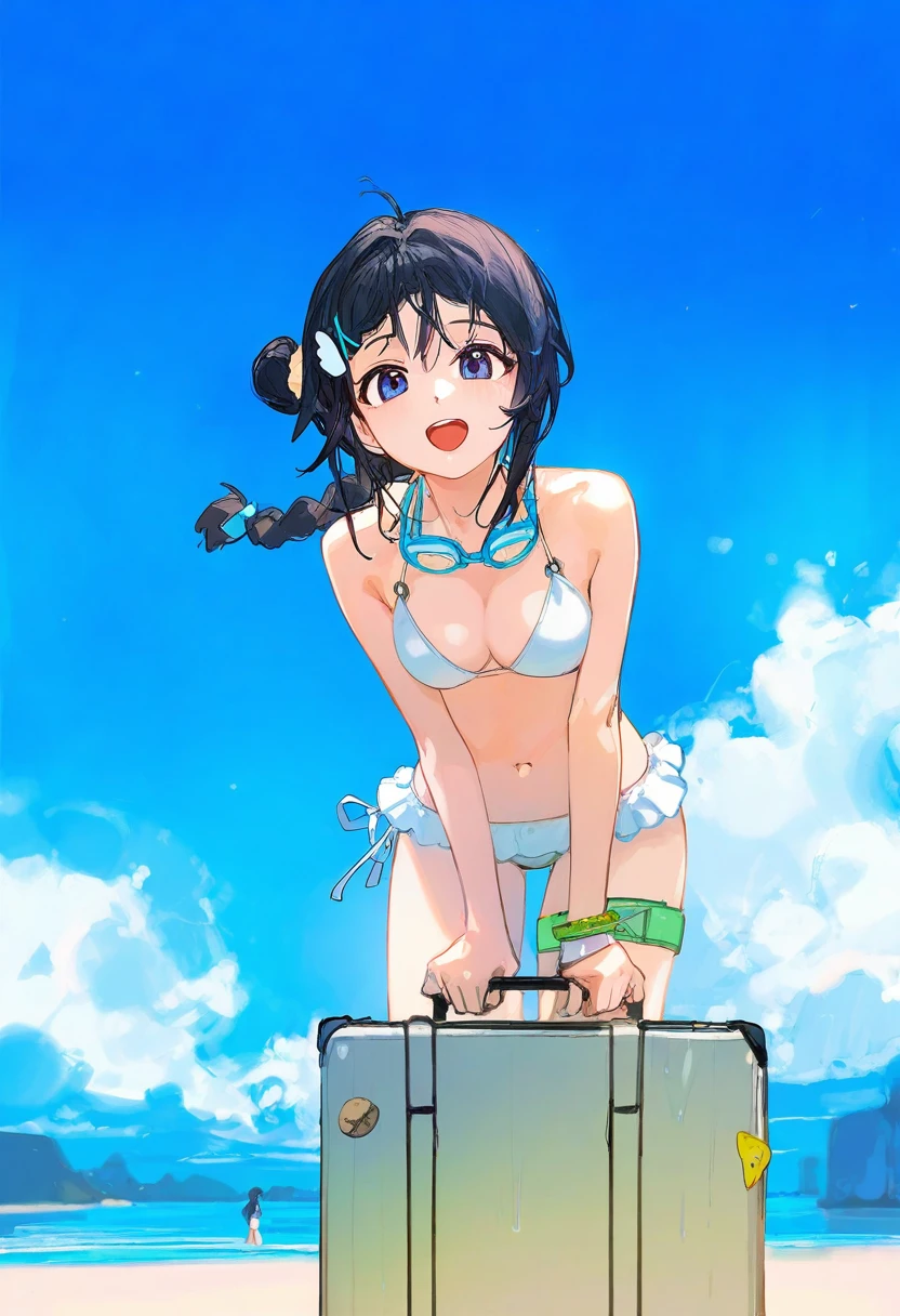 alp,(dino \(dinoartforame\),ciloranko),[[[[kuroduki \(pieat\)]]]],[[ask \(askzy\)]],maeda hiroyuki, - 1girl,la pluma \(summer flowers\) \(arknights\),arknights,white bikini,outdoors,navel,day,sky,blue sky,beach,suitcase,looking at viewer,ocean,low-tied long hair,leaning forward,standing,holding,frills,hand up,bare shoulders,floating hair,