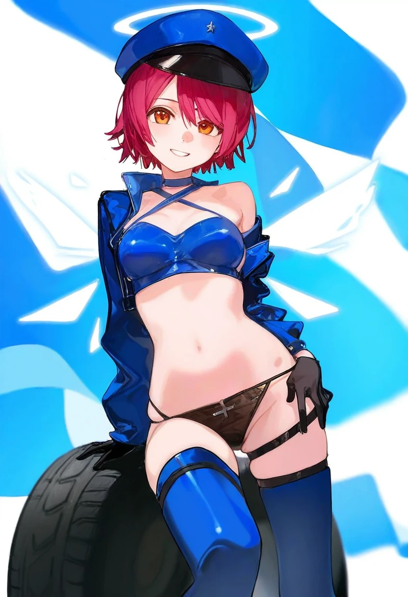 alp,(dino \(dinoartforame\),ciloranko),[[[[kuroduki \(pieat\)]]]],[[ask \(askzy\)]],maeda hiroyuki, - 1girl,exusiai \(arknights\),arknights,black gloves,black panties,blue thigh boots,blue hat,blue jacket,long sleeves,race queen,thigh strap,thong,single bare shoulder,skindentation,tire,