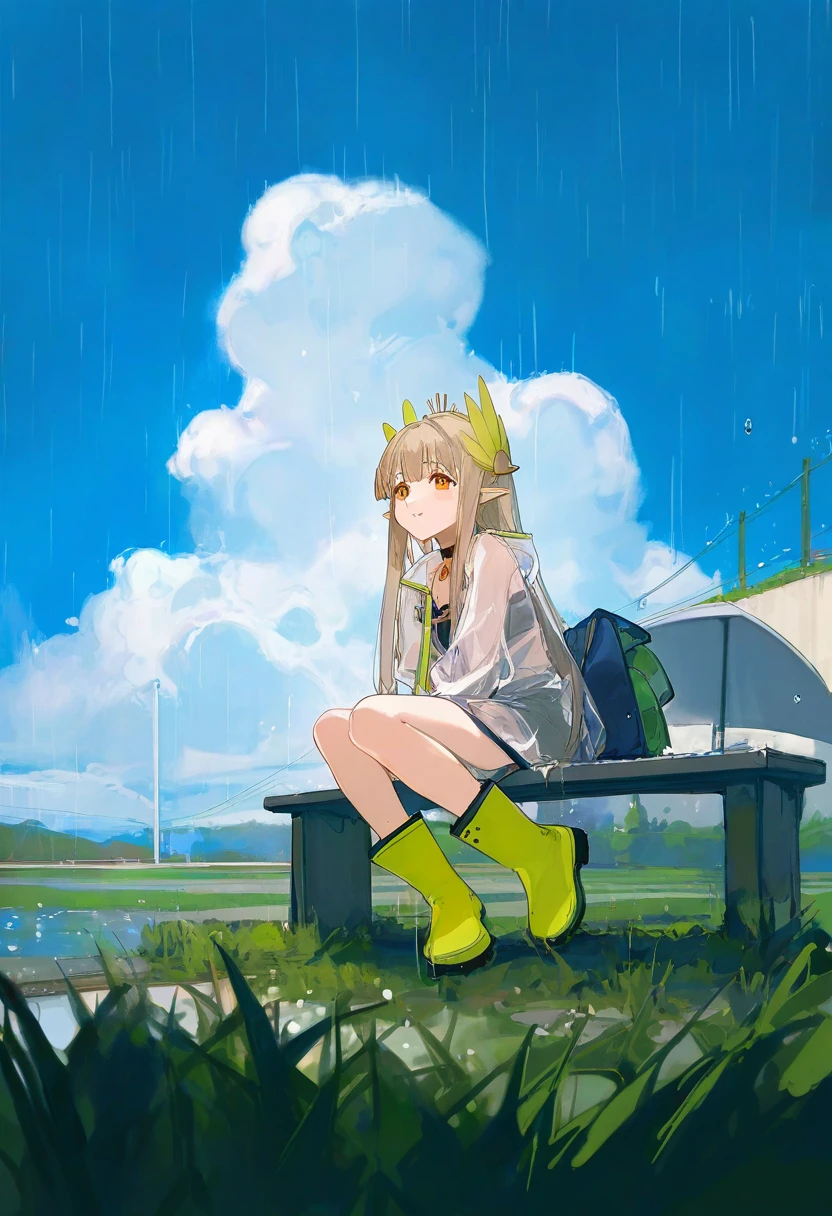 alp,(dino \(dinoartforame\),ciloranko),[[[[kuroduki \(pieat\)]]]],[[ask \(askzy\)]],maeda hiroyuki, - 1girl,muelsyse \(arknights\),arknights,cloudy sky,grass,on bench,outdoors,rain,road,yellow rubber boots,see-through coat,sitting,transparent raincoat,water drop,