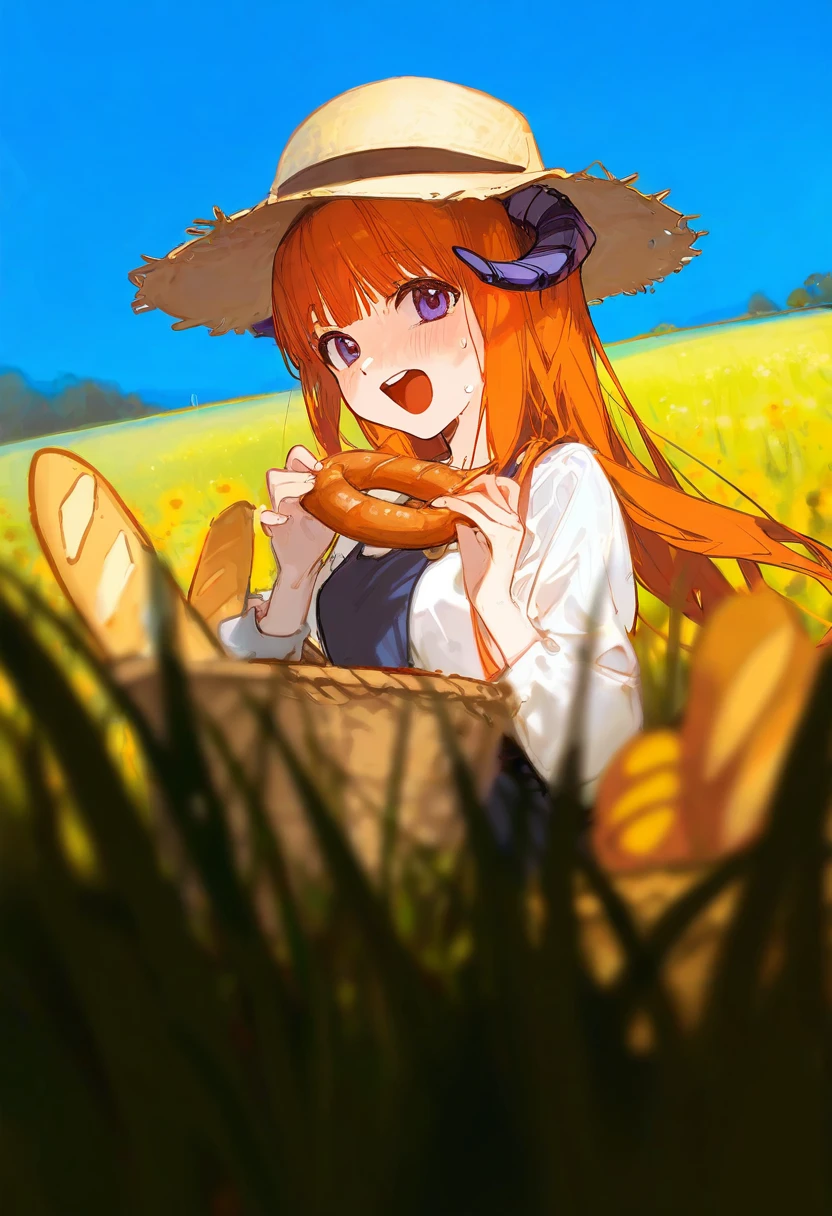 alp,(dino \(dinoartforame\),ciloranko),[[[[kuroduki \(pieat\)]]]],[[ask \(askzy\)]],maeda hiroyuki, - 1girl,bagpipe \(arknights\),arknights,baguette,blush,bread,croissant,holding basket,pretzel,upper body,straw hat,field,sky,laughing,sweat,sunlight,