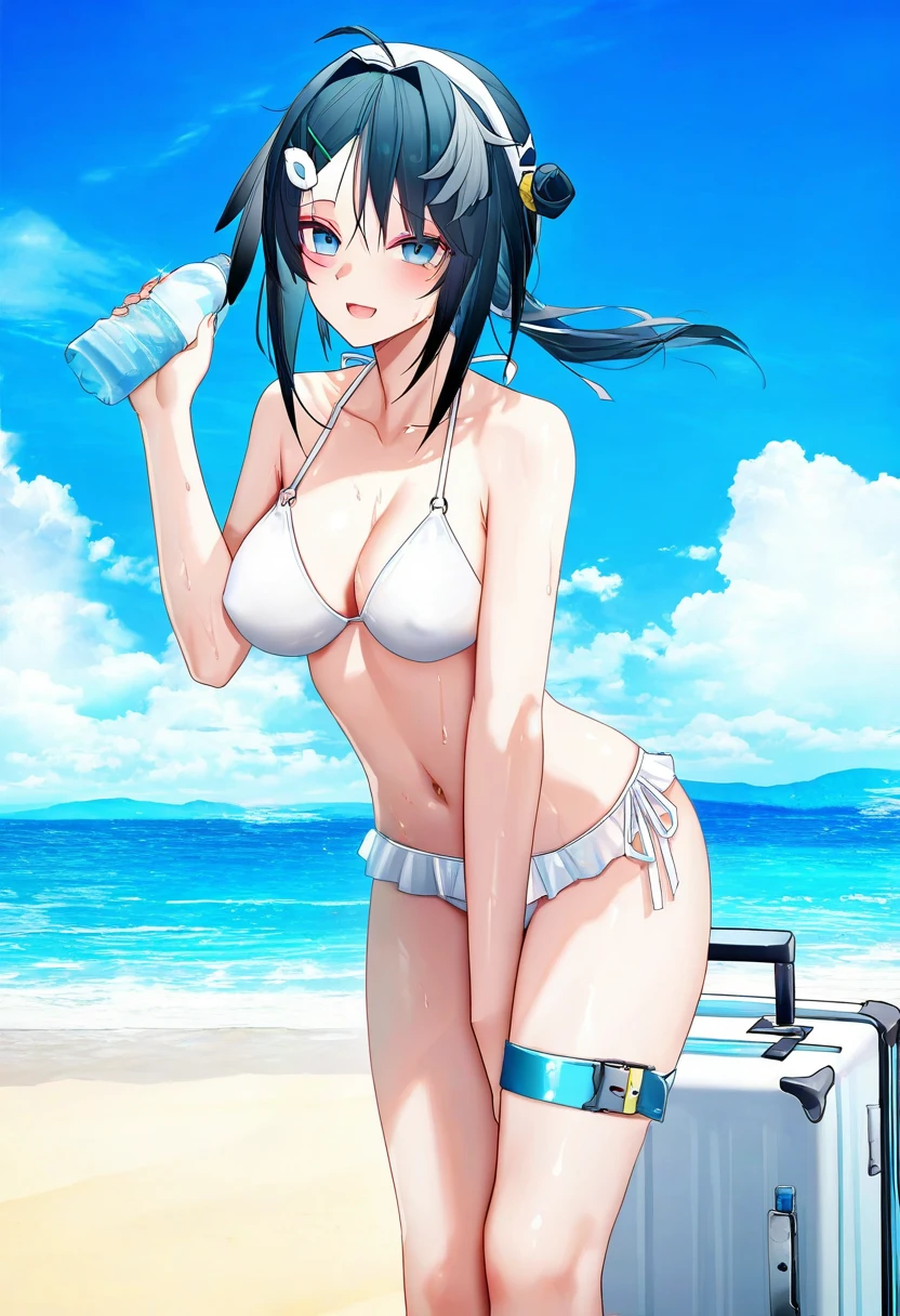binggong asylum,murata yuusuke,onineko,[As109],[[QYS3]], - 1girl,la pluma \(summer flowers\) \(arknights\),arknights,white bikini,outdoors,navel,day,sky,blue sky,beach,suitcase,looking at viewer,ocean,low-tied long hair,leaning forward,standing,holding,frills,hand up,bare shoulders,floating hair,
