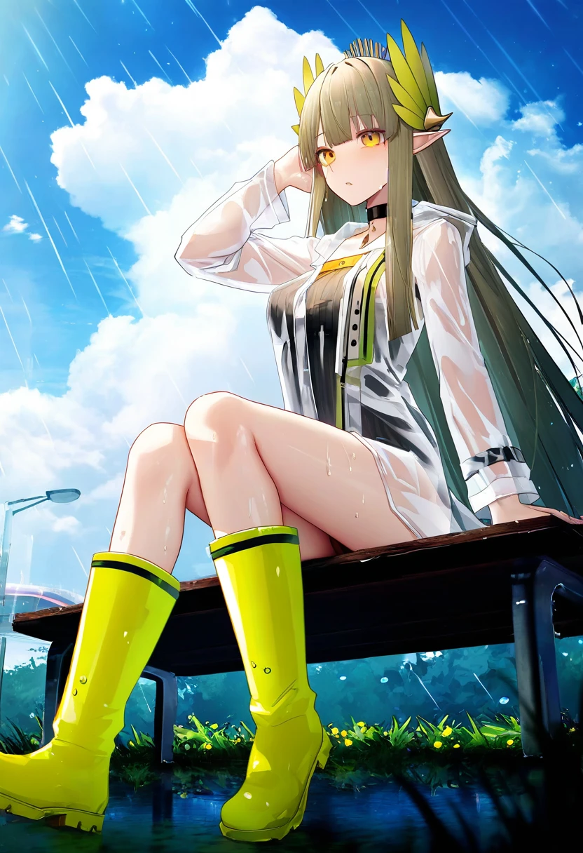 binggong asylum,murata yuusuke,onineko,[As109],[[QYS3]], - 1girl,muelsyse \(arknights\),arknights,cloudy sky,grass,on bench,outdoors,rain,road,yellow rubber boots,see-through coat,sitting,transparent raincoat,water drop,