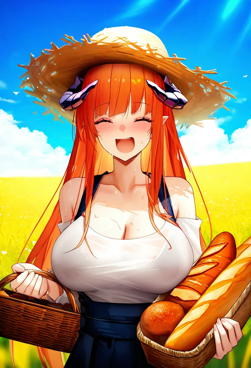 binggong asylum,murata yuusuke,onineko,[As109],[[QYS3]], - 1girl,bagpipe \(arknights\),arknights,baguette,blush,bread,croissant,holding basket,pretzel,upper body,straw hat,field,sky,laughing,sweat,sunlight,