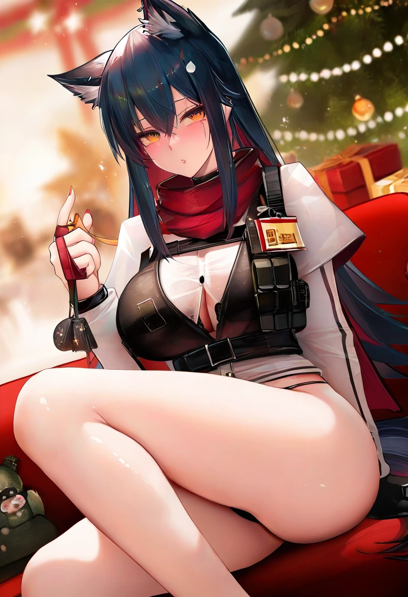 ((binggong asylum)),meion,liduke,chen bin,dishwasher1910, - 1girl,texas \(arknights\),arknights,underwear,tactical vest,christmas tree,christmas ornaments,