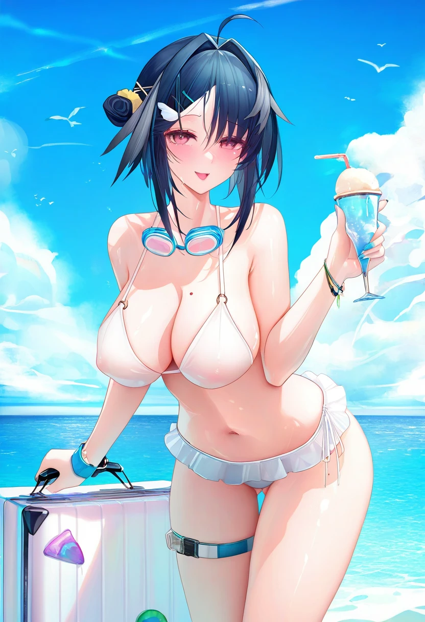 ((binggong asylum)),meion,liduke,chen bin,dishwasher1910, - 1girl,la pluma \(summer flowers\) \(arknights\),arknights,white bikini,outdoors,navel,day,sky,blue sky,beach,suitcase,looking at viewer,ocean,low-tied long hair,leaning forward,standing,holding,frills,hand up,bare shoulders,floating hair,
