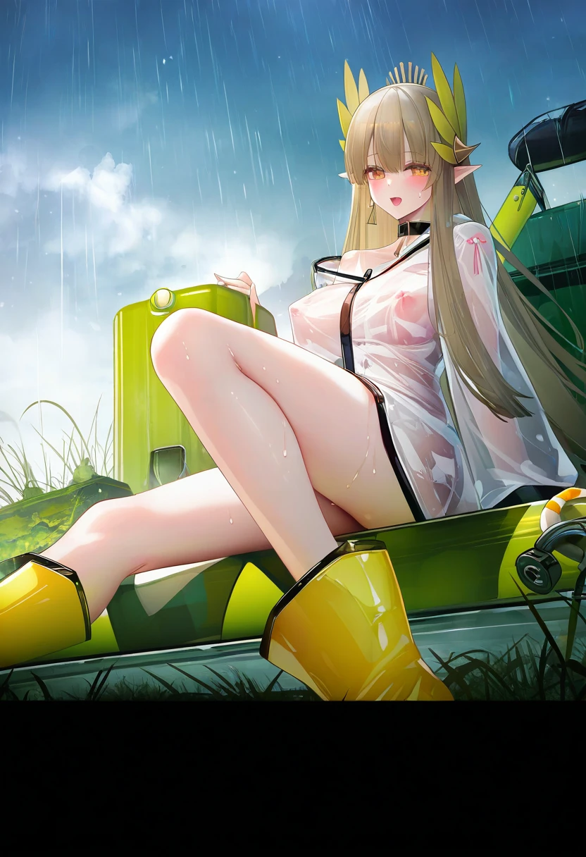((binggong asylum)),meion,liduke,chen bin,dishwasher1910, - 1girl,muelsyse \(arknights\),arknights,cloudy sky,grass,on bench,outdoors,rain,road,yellow rubber boots,see-through coat,sitting,transparent raincoat,water drop,
