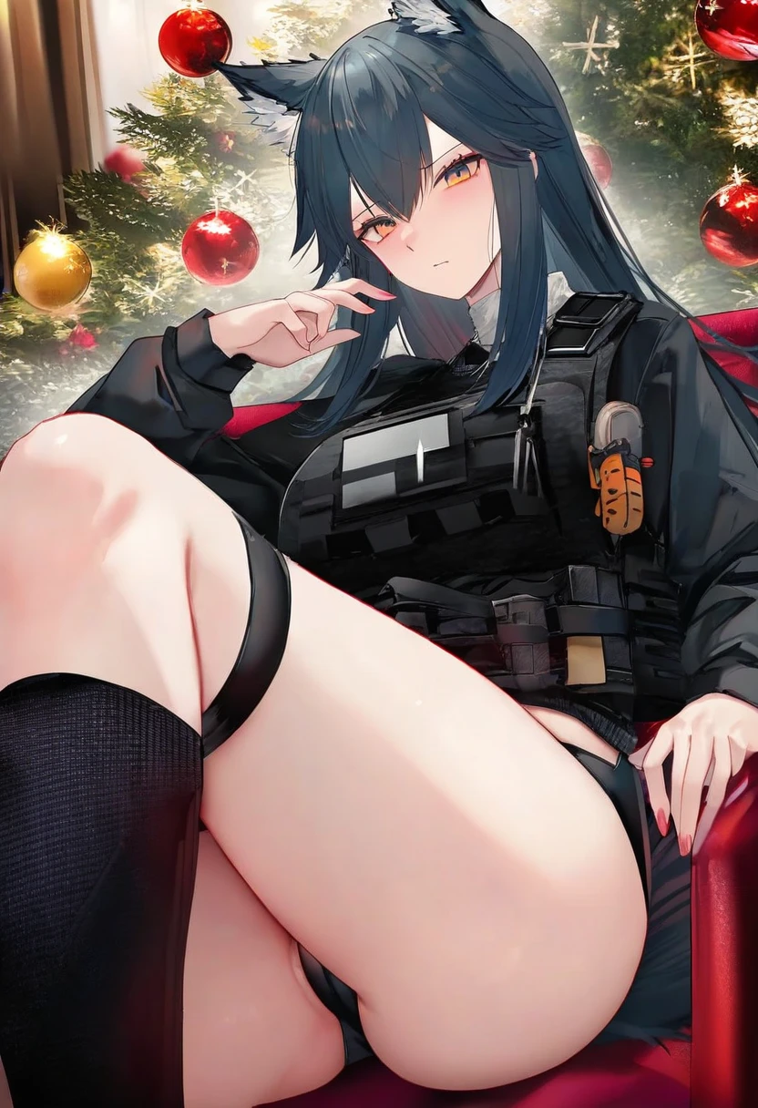 [[[[binggong asylum]]]],[[onineko]], - 1girl,texas \(arknights\),arknights,underwear,tactical vest,christmas tree,christmas ornaments,