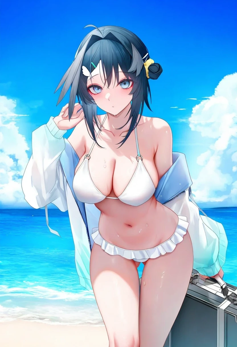[[[[binggong asylum]]]],[[onineko]], - 1girl,la pluma \(summer flowers\) \(arknights\),arknights,white bikini,outdoors,navel,day,sky,blue sky,beach,suitcase,looking at viewer,ocean,low-tied long hair,leaning forward,standing,holding,frills,hand up,bare shoulders,floating hair,