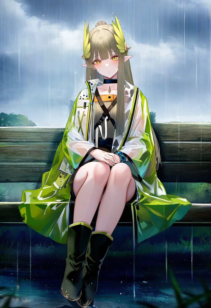 [[[[binggong asylum]]]],[[onineko]], - 1girl,muelsyse \(arknights\),arknights,cloudy sky,grass,on bench,outdoors,rain,road,yellow rubber boots,see-through coat,sitting,transparent raincoat,water drop,