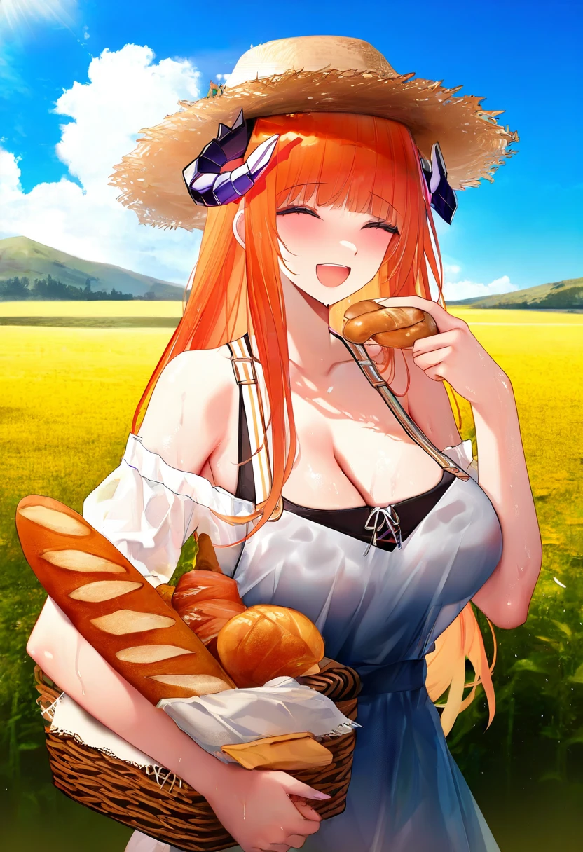 [[[[binggong asylum]]]],[[onineko]], - 1girl,bagpipe \(arknights\),arknights,baguette,blush,bread,croissant,holding basket,pretzel,upper body,straw hat,field,sky,laughing,sweat,sunlight,