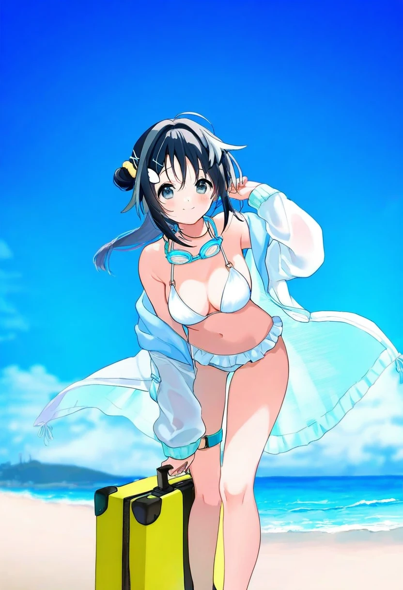 ((yutoka mizu)),[[suimya]],[[[noco]]],[[[[[[miwano rag]]]]]], - 1girl,la pluma \(summer flowers\) \(arknights\),arknights,white bikini,outdoors,navel,day,sky,blue sky,beach,suitcase,looking at viewer,ocean,low-tied long hair,leaning forward,standing,holding,frills,hand up,bare shoulders,floating hair,
