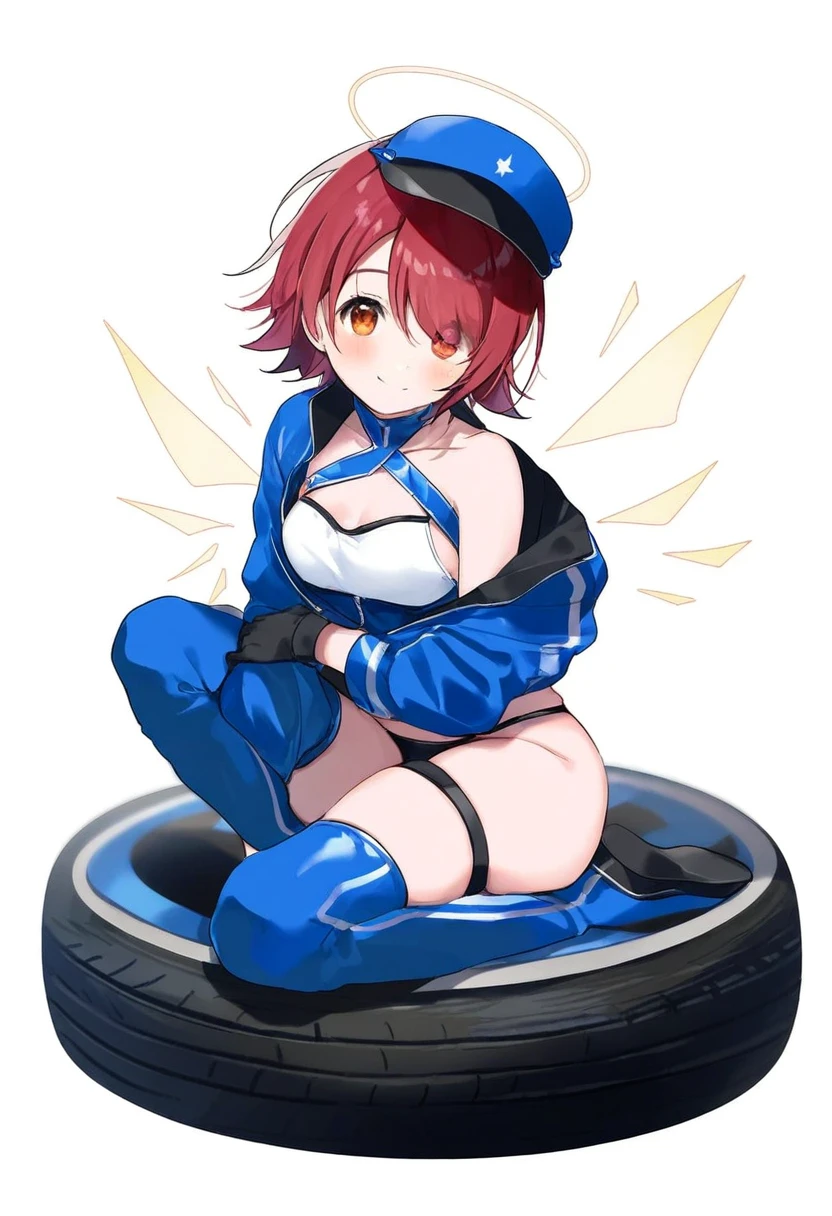 ((yutoka mizu)),[[suimya]],[[[noco]]],[[[[[[miwano rag]]]]]], - 1girl,exusiai \(arknights\),arknights,black gloves,black panties,blue thigh boots,blue hat,blue jacket,long sleeves,race queen,thigh strap,thong,single bare shoulder,skindentation,tire,