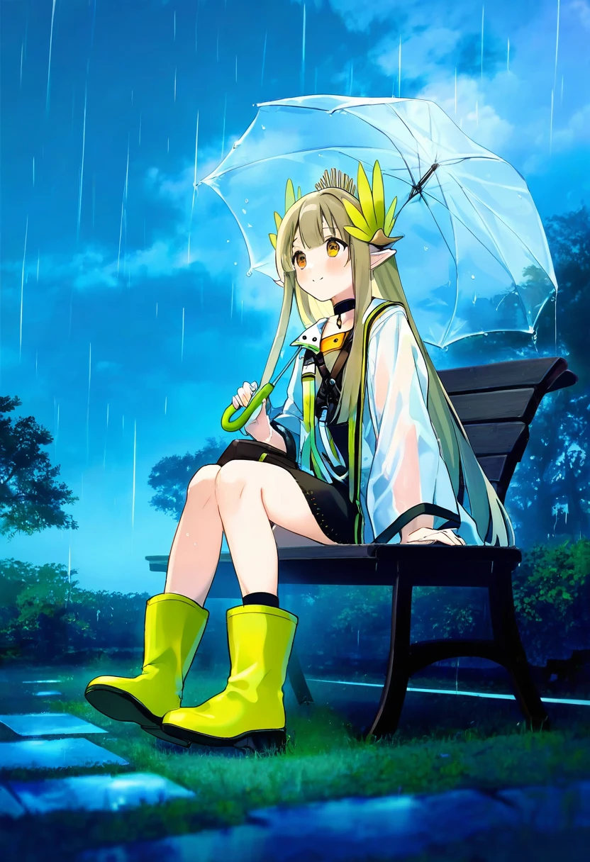 ((yutoka mizu)),[[suimya]],[[[noco]]],[[[[[[miwano rag]]]]]], - 1girl,muelsyse \(arknights\),arknights,cloudy sky,grass,on bench,outdoors,rain,road,yellow rubber boots,see-through coat,sitting,transparent raincoat,water drop,