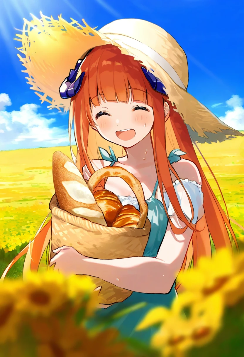 ((yutoka mizu)),[[suimya]],[[[noco]]],[[[[[[miwano rag]]]]]], - 1girl,bagpipe \(arknights\),arknights,baguette,blush,bread,croissant,holding basket,pretzel,upper body,straw hat,field,sky,laughing,sweat,sunlight,