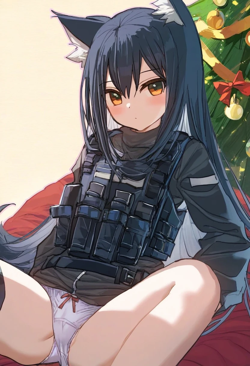 rhasta,onineko,potg\(piotegu\),yuuhagi \(amaretto-no-natsu\),bow \(bhp\),doujinshi doujin, - 1girl,texas \(arknights\),arknights,underwear,tactical vest,christmas tree,christmas ornaments,