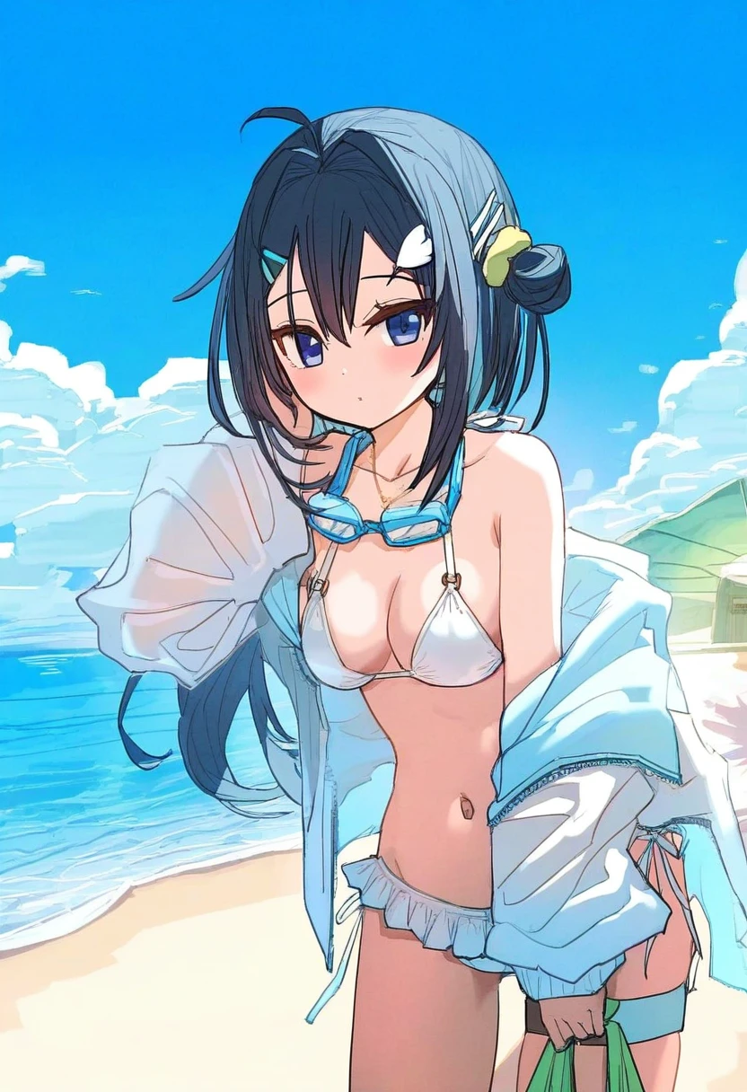 rhasta,onineko,potg\(piotegu\),yuuhagi \(amaretto-no-natsu\),bow \(bhp\),doujinshi doujin, - 1girl,la pluma \(summer flowers\) \(arknights\),arknights,white bikini,outdoors,navel,day,sky,blue sky,beach,suitcase,looking at viewer,ocean,low-tied long hair,leaning forward,standing,holding,frills,hand up,bare shoulders,floating hair,