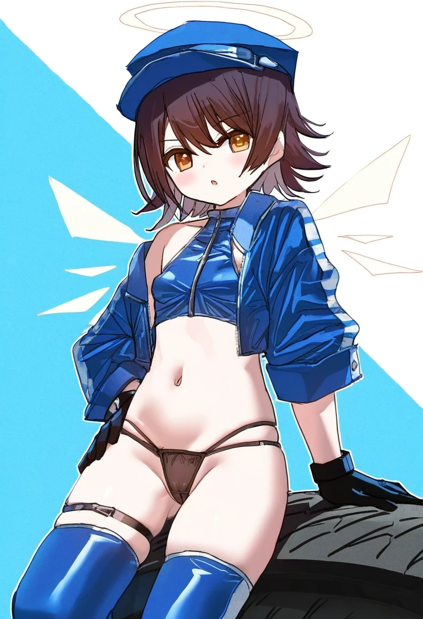 rhasta,onineko,potg\(piotegu\),yuuhagi \(amaretto-no-natsu\),bow \(bhp\),doujinshi doujin, - 1girl,exusiai \(arknights\),arknights,black gloves,black panties,blue thigh boots,blue hat,blue jacket,long sleeves,race queen,thigh strap,thong,single bare shoulder,skindentation,tire,