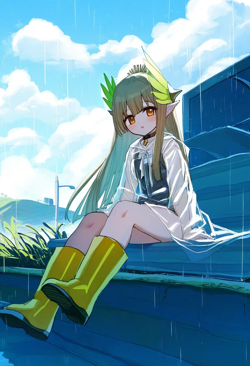 rhasta,onineko,potg\(piotegu\),yuuhagi \(amaretto-no-natsu\),bow \(bhp\),doujinshi doujin, - 1girl,muelsyse \(arknights\),arknights,cloudy sky,grass,on bench,outdoors,rain,road,yellow rubber boots,see-through coat,sitting,transparent raincoat,water drop,