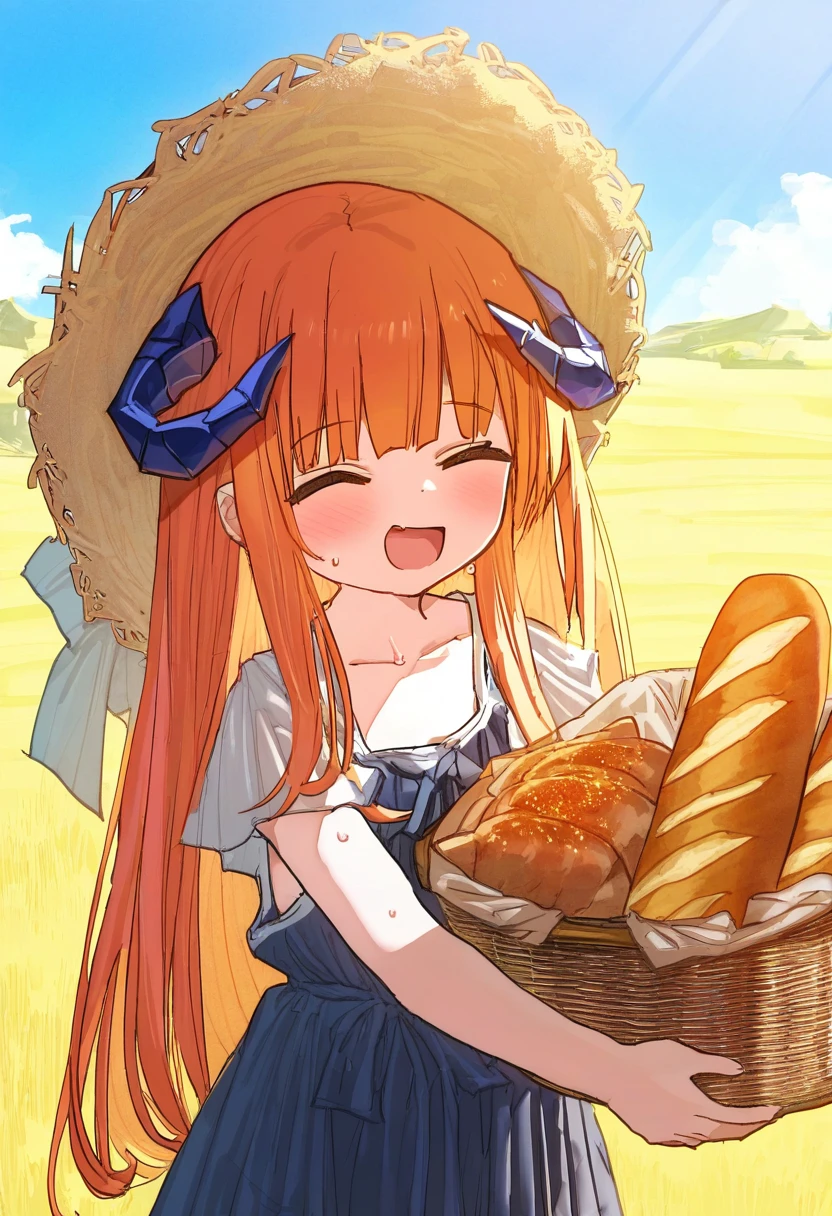 rhasta,onineko,potg\(piotegu\),yuuhagi \(amaretto-no-natsu\),bow \(bhp\),doujinshi doujin, - 1girl,bagpipe \(arknights\),arknights,baguette,blush,bread,croissant,holding basket,pretzel,upper body,straw hat,field,sky,laughing,sweat,sunlight,