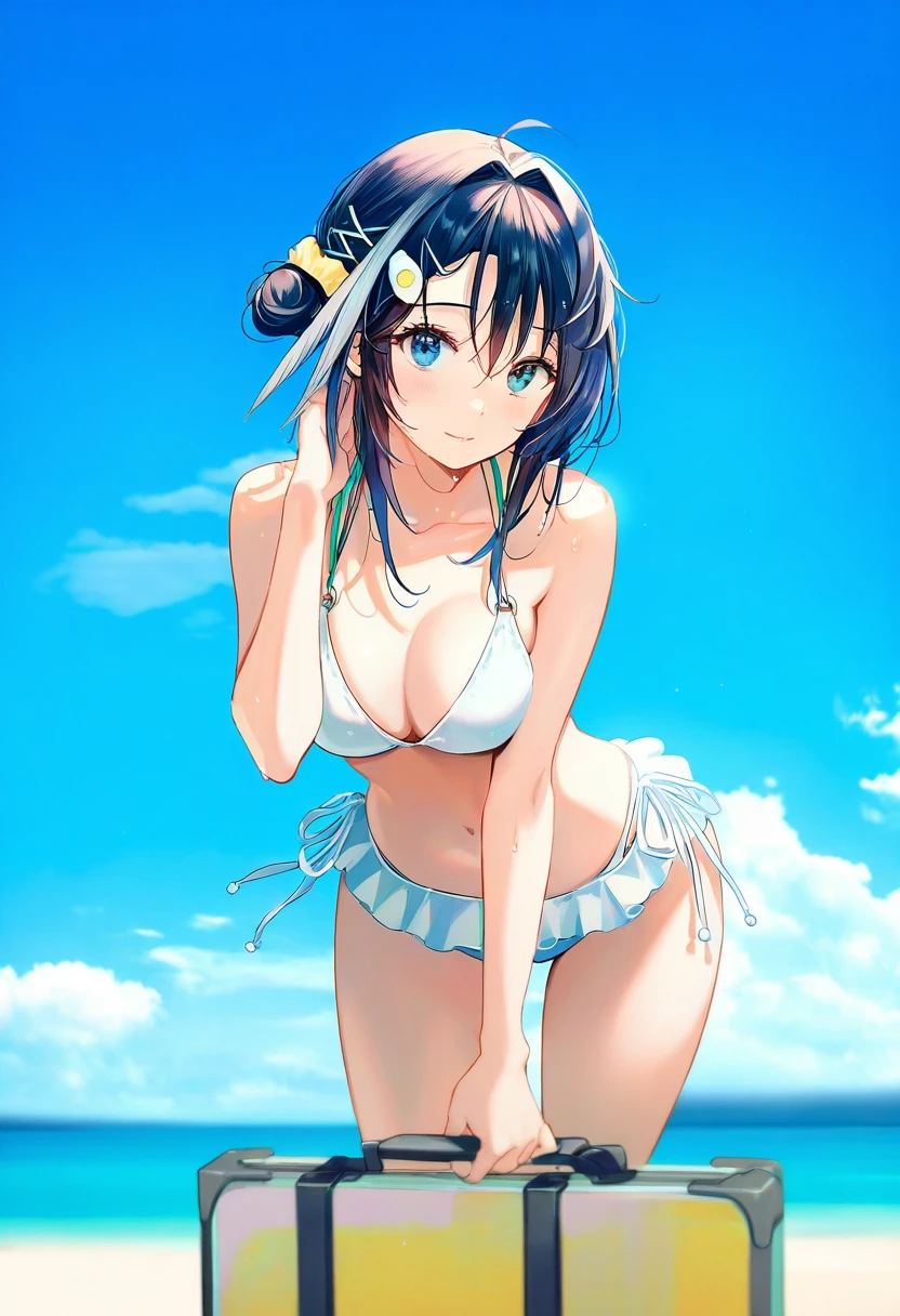 tokkyu,chen bin,ask\(askzy\),tidsean,kasumi \(skchkko\),hiten \(hitenkei\),mika pikazo, - 1girl,la pluma \(summer flowers\) \(arknights\),arknights,white bikini,outdoors,navel,day,sky,blue sky,beach,suitcase,looking at viewer,ocean,low-tied long hair,leaning forward,standing,holding,frills,hand up,bare shoulders,floating hair,