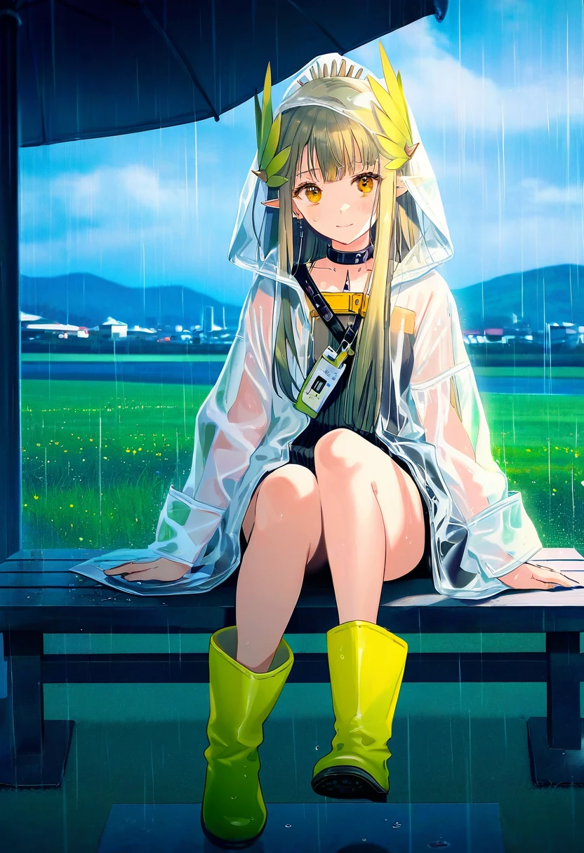 tokkyu,chen bin,ask\(askzy\),tidsean,kasumi \(skchkko\),hiten \(hitenkei\),mika pikazo, - 1girl,muelsyse \(arknights\),arknights,cloudy sky,grass,on bench,outdoors,rain,road,yellow rubber boots,see-through coat,sitting,transparent raincoat,water drop,