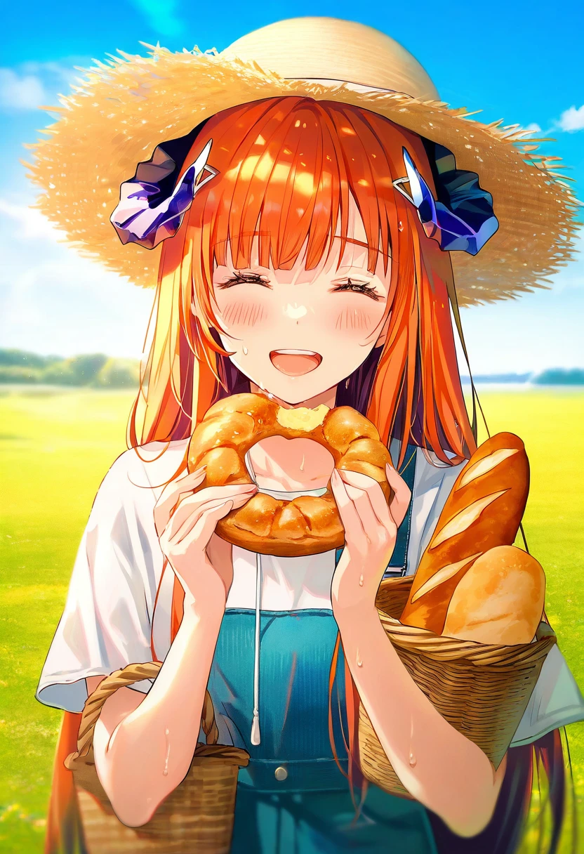 tokkyu,chen bin,ask\(askzy\),tidsean,kasumi \(skchkko\),hiten \(hitenkei\),mika pikazo, - 1girl,bagpipe \(arknights\),arknights,baguette,blush,bread,croissant,holding basket,pretzel,upper body,straw hat,field,sky,laughing,sweat,sunlight,