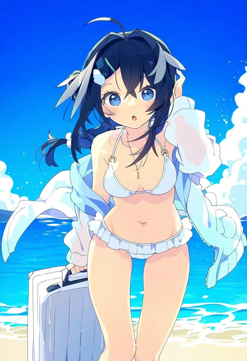 ogipote,nikorashi-ka,katahira masashi,murakami suigun,touzai\(poppin phl95\), - 1girl,la pluma \(summer flowers\) \(arknights\),arknights,white bikini,outdoors,navel,day,sky,blue sky,beach,suitcase,looking at viewer,ocean,low-tied long hair,leaning forward,standing,holding,frills,hand up,bare shoulders,floating hair,