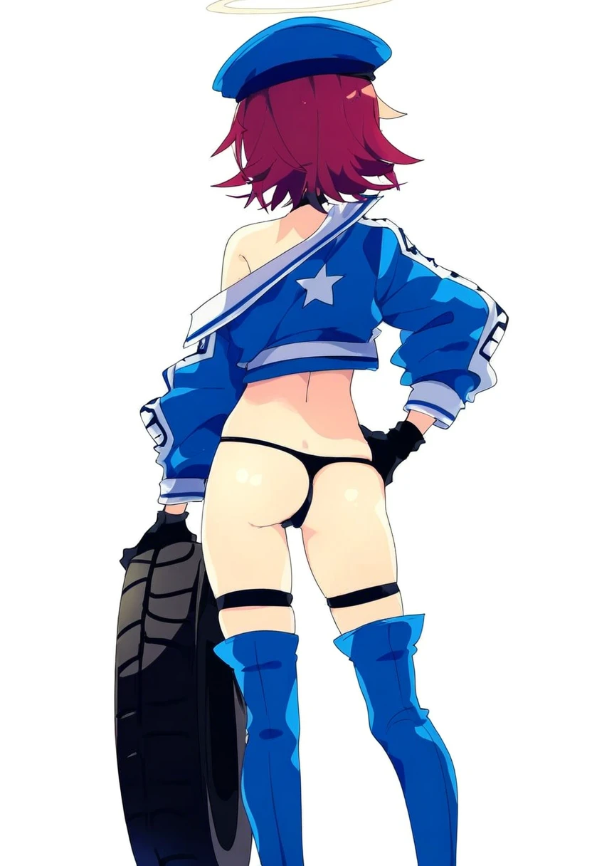 ogipote,nikorashi-ka,katahira masashi,murakami suigun,touzai\(poppin phl95\), - 1girl,exusiai \(arknights\),arknights,black gloves,black panties,blue thigh boots,blue hat,blue jacket,long sleeves,race queen,thigh strap,thong,single bare shoulder,skindentation,tire,
