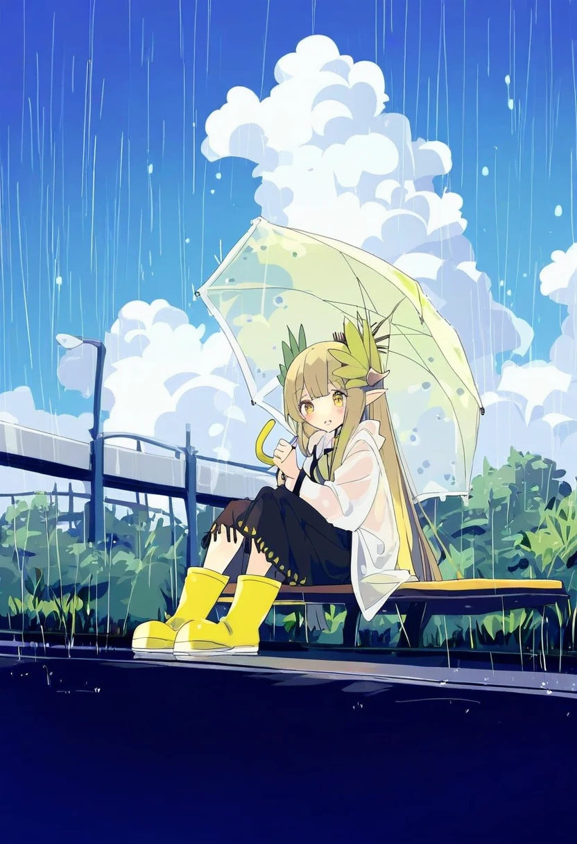 ogipote,nikorashi-ka,katahira masashi,murakami suigun,touzai\(poppin phl95\), - 1girl,muelsyse \(arknights\),arknights,cloudy sky,grass,on bench,outdoors,rain,road,yellow rubber boots,see-through coat,sitting,transparent raincoat,water drop,