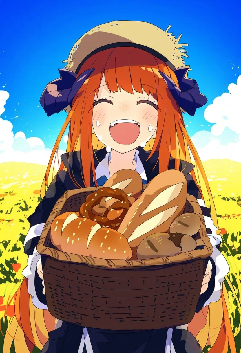 ogipote,nikorashi-ka,katahira masashi,murakami suigun,touzai\(poppin phl95\), - 1girl,bagpipe \(arknights\),arknights,baguette,blush,bread,croissant,holding basket,pretzel,upper body,straw hat,field,sky,laughing,sweat,sunlight,