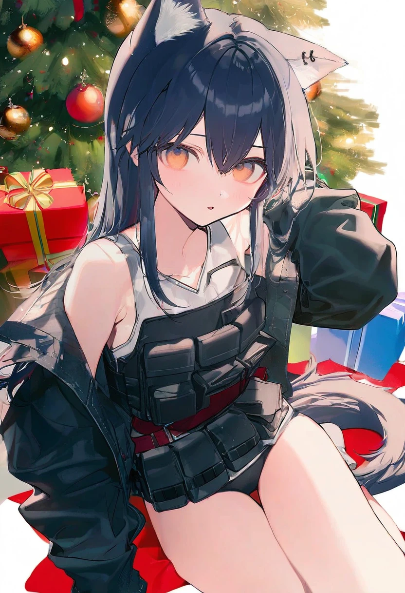 (rolua),[waka\(wk4444\)],[ciloranko],[kedama milk],wanke,mikaze oto, - 1girl,texas \(arknights\),arknights,underwear,tactical vest,christmas tree,christmas ornaments,