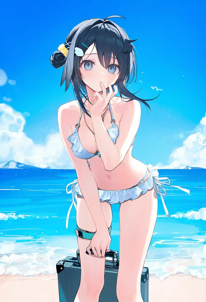 (rolua),[waka\(wk4444\)],[ciloranko],[kedama milk],wanke,mikaze oto, - 1girl,la pluma \(summer flowers\) \(arknights\),arknights,white bikini,outdoors,navel,day,sky,blue sky,beach,suitcase,looking at viewer,ocean,low-tied long hair,leaning forward,standing,holding,frills,hand up,bare shoulders,floating hair,