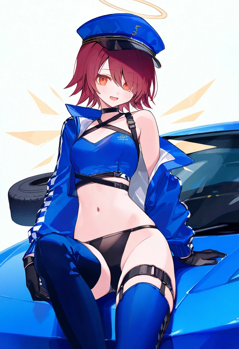 (rolua),[waka\(wk4444\)],[ciloranko],[kedama milk],wanke,mikaze oto, - 1girl,exusiai \(arknights\),arknights,black gloves,black panties,blue thigh boots,blue hat,blue jacket,long sleeves,race queen,thigh strap,thong,single bare shoulder,skindentation,tire,