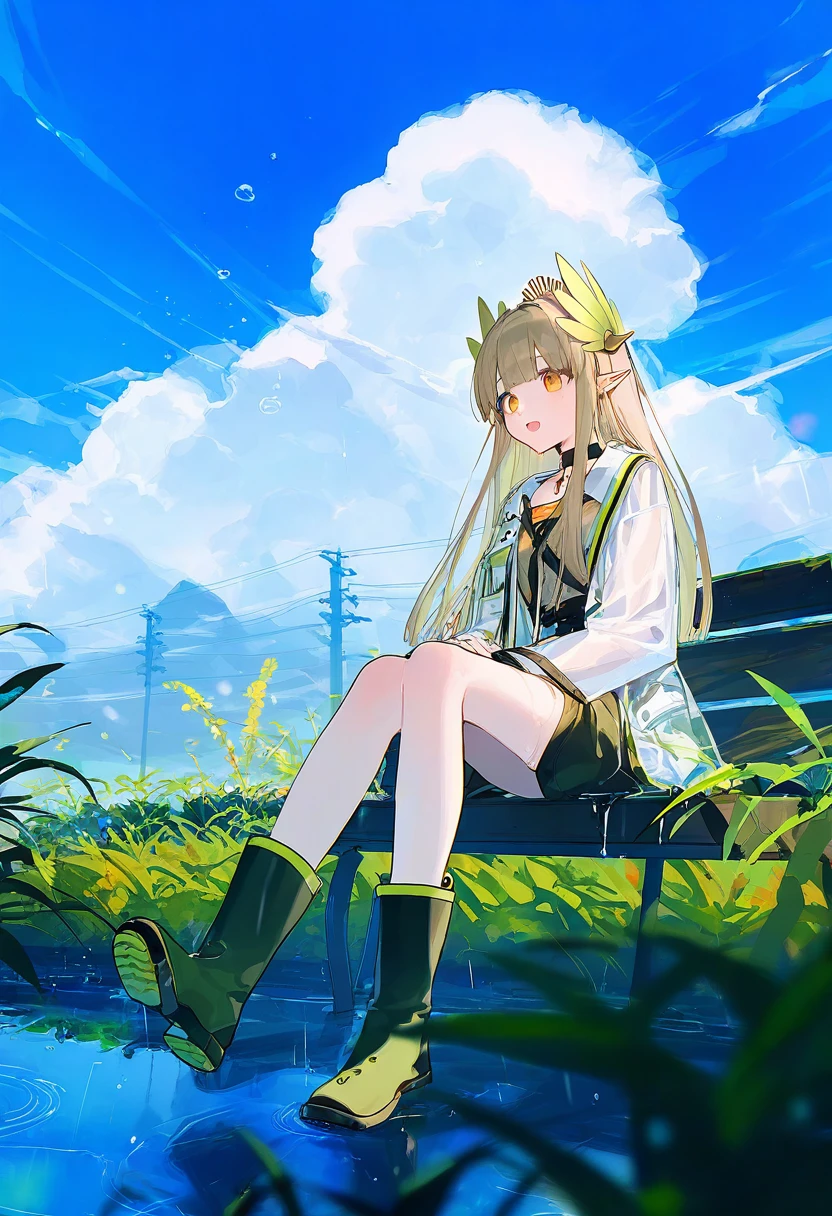 (rolua),[waka\(wk4444\)],[ciloranko],[kedama milk],wanke,mikaze oto, - 1girl,muelsyse \(arknights\),arknights,cloudy sky,grass,on bench,outdoors,rain,road,yellow rubber boots,see-through coat,sitting,transparent raincoat,water drop,