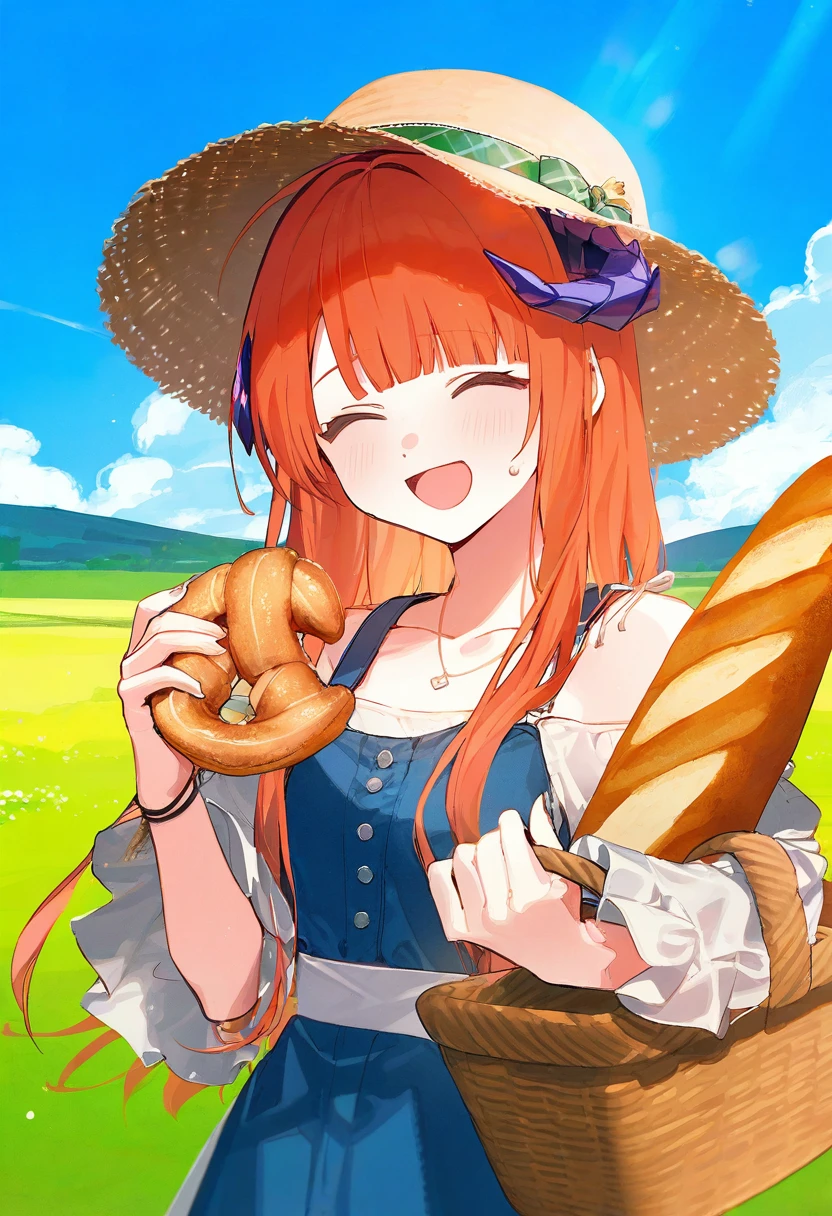 (rolua),[waka\(wk4444\)],[ciloranko],[kedama milk],wanke,mikaze oto, - 1girl,bagpipe \(arknights\),arknights,baguette,blush,bread,croissant,holding basket,pretzel,upper body,straw hat,field,sky,laughing,sweat,sunlight,