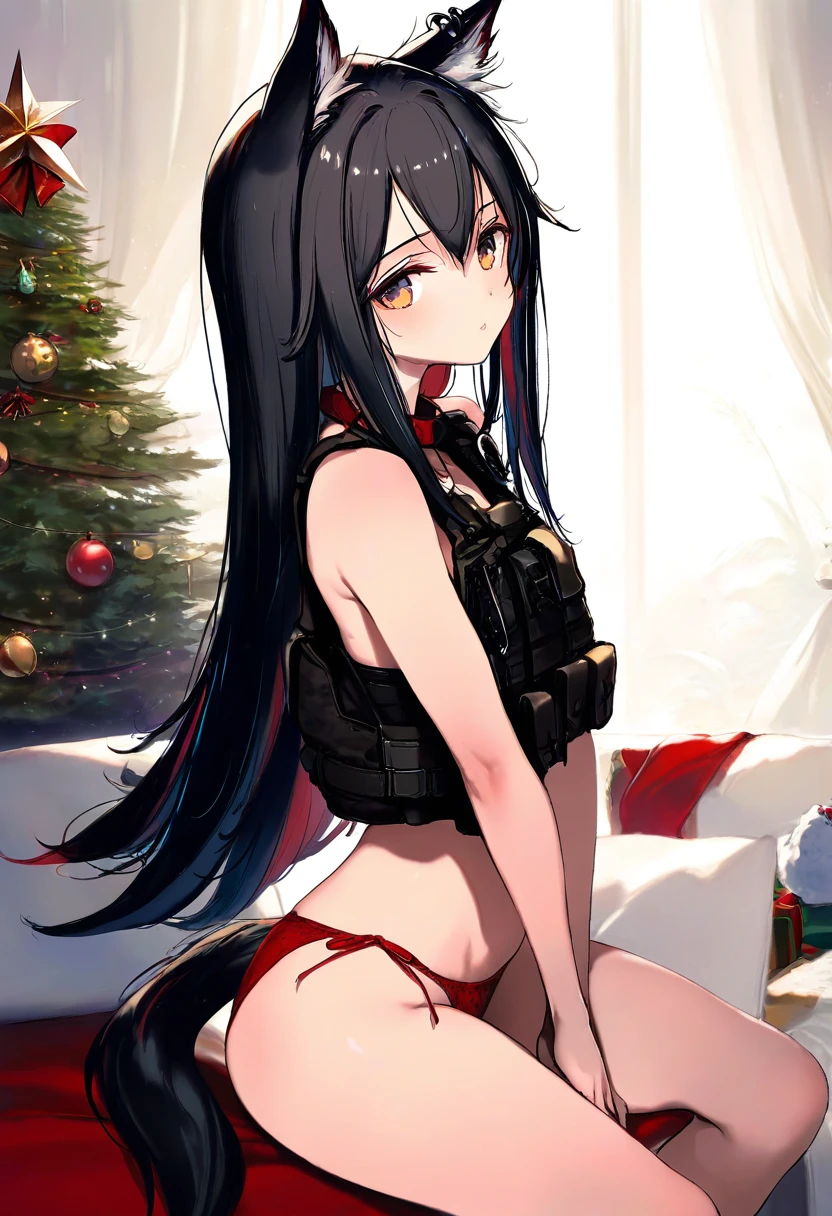 [tachikawa mushimaro],[[hisakata souji]],[[[[ke-ta]]]], - 1girl,texas \(arknights\),arknights,underwear,tactical vest,christmas tree,christmas ornaments,