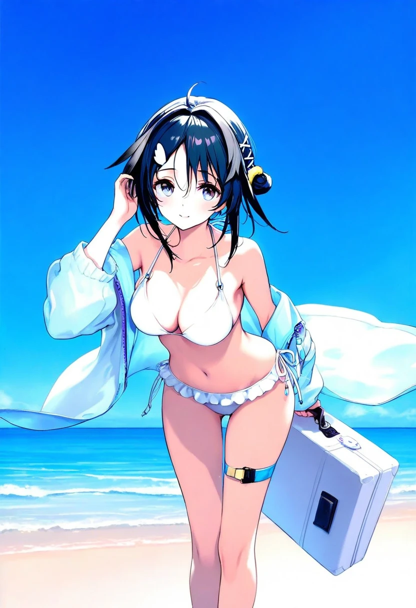 [tachikawa mushimaro],[[hisakata souji]],[[[[ke-ta]]]], - 1girl,la pluma \(summer flowers\) \(arknights\),arknights,white bikini,outdoors,navel,day,sky,blue sky,beach,suitcase,looking at viewer,ocean,low-tied long hair,leaning forward,standing,holding,frills,hand up,bare shoulders,floating hair,