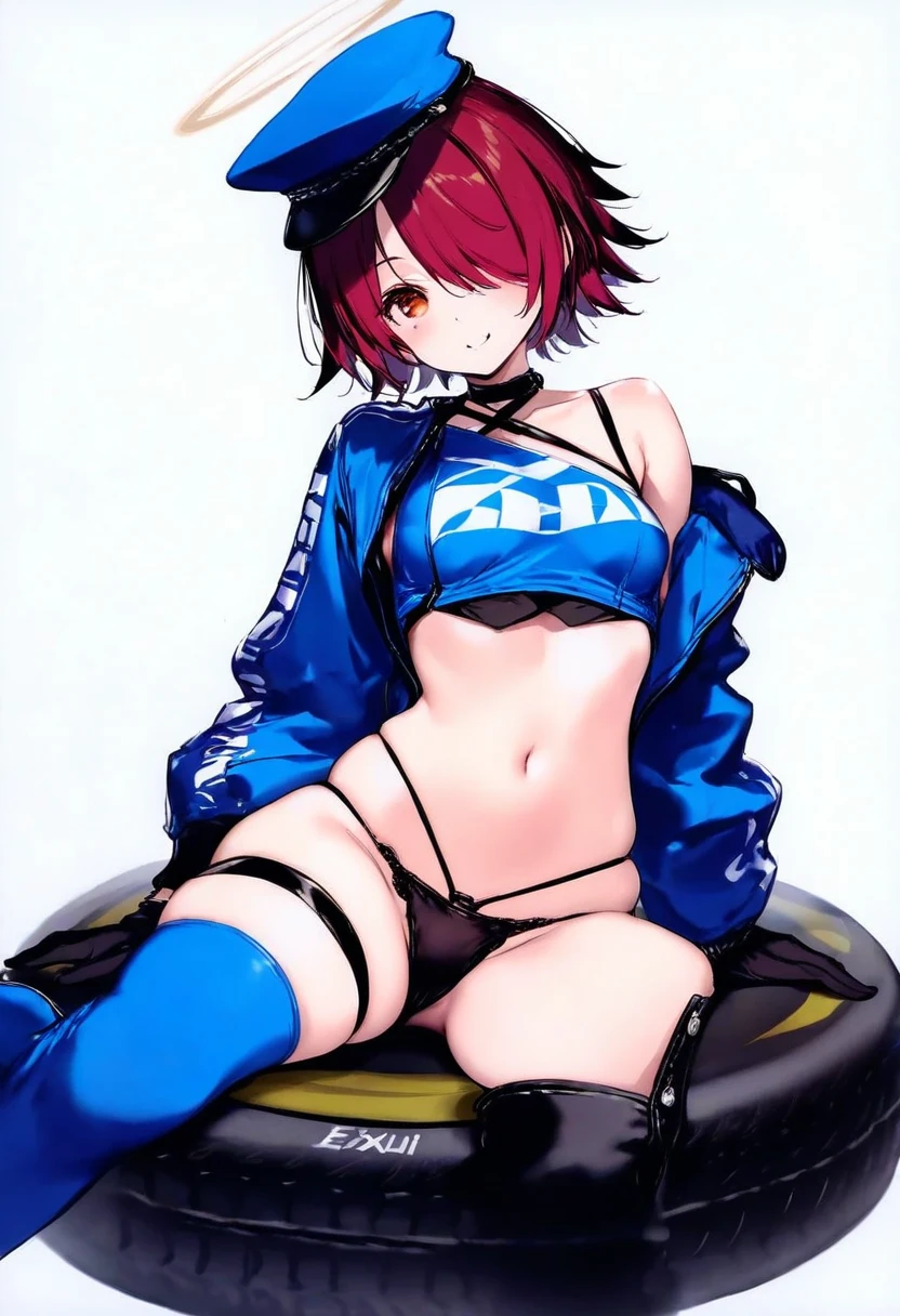 [tachikawa mushimaro],[[hisakata souji]],[[[[ke-ta]]]], - 1girl,exusiai \(arknights\),arknights,black gloves,black panties,blue thigh boots,blue hat,blue jacket,long sleeves,race queen,thigh strap,thong,single bare shoulder,skindentation,tire,