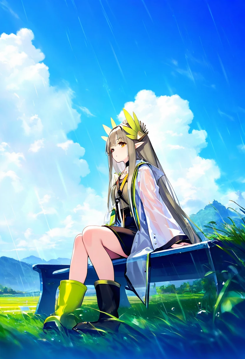 [tachikawa mushimaro],[[hisakata souji]],[[[[ke-ta]]]], - 1girl,muelsyse \(arknights\),arknights,cloudy sky,grass,on bench,outdoors,rain,road,yellow rubber boots,see-through coat,sitting,transparent raincoat,water drop,