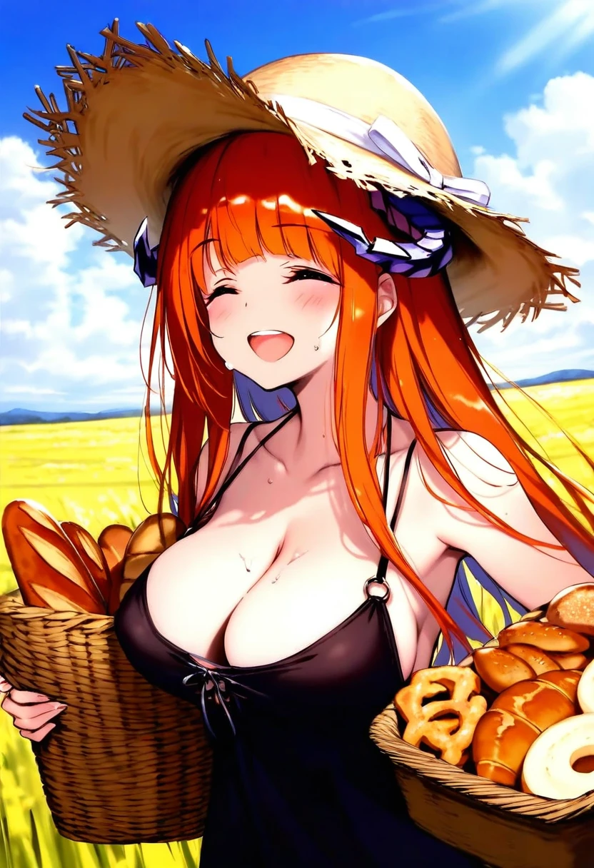 [tachikawa mushimaro],[[hisakata souji]],[[[[ke-ta]]]], - 1girl,bagpipe \(arknights\),arknights,baguette,blush,bread,croissant,holding basket,pretzel,upper body,straw hat,field,sky,laughing,sweat,sunlight,
