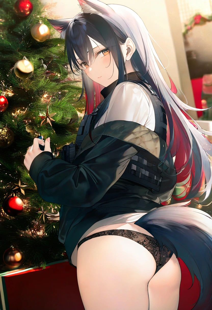 achiki,au \(d elete\),[hito komoru,tianliang duohe fangdongye],(toosaka asagi), - 1girl,texas \(arknights\),arknights,underwear,tactical vest,christmas tree,christmas ornaments,