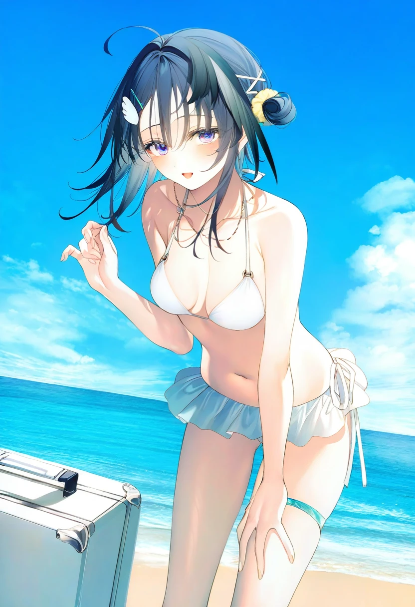 achiki,au \(d elete\),[hito komoru,tianliang duohe fangdongye],(toosaka asagi), - 1girl,la pluma \(summer flowers\) \(arknights\),arknights,white bikini,outdoors,navel,day,sky,blue sky,beach,suitcase,looking at viewer,ocean,low-tied long hair,leaning forward,standing,holding,frills,hand up,bare shoulders,floating hair,