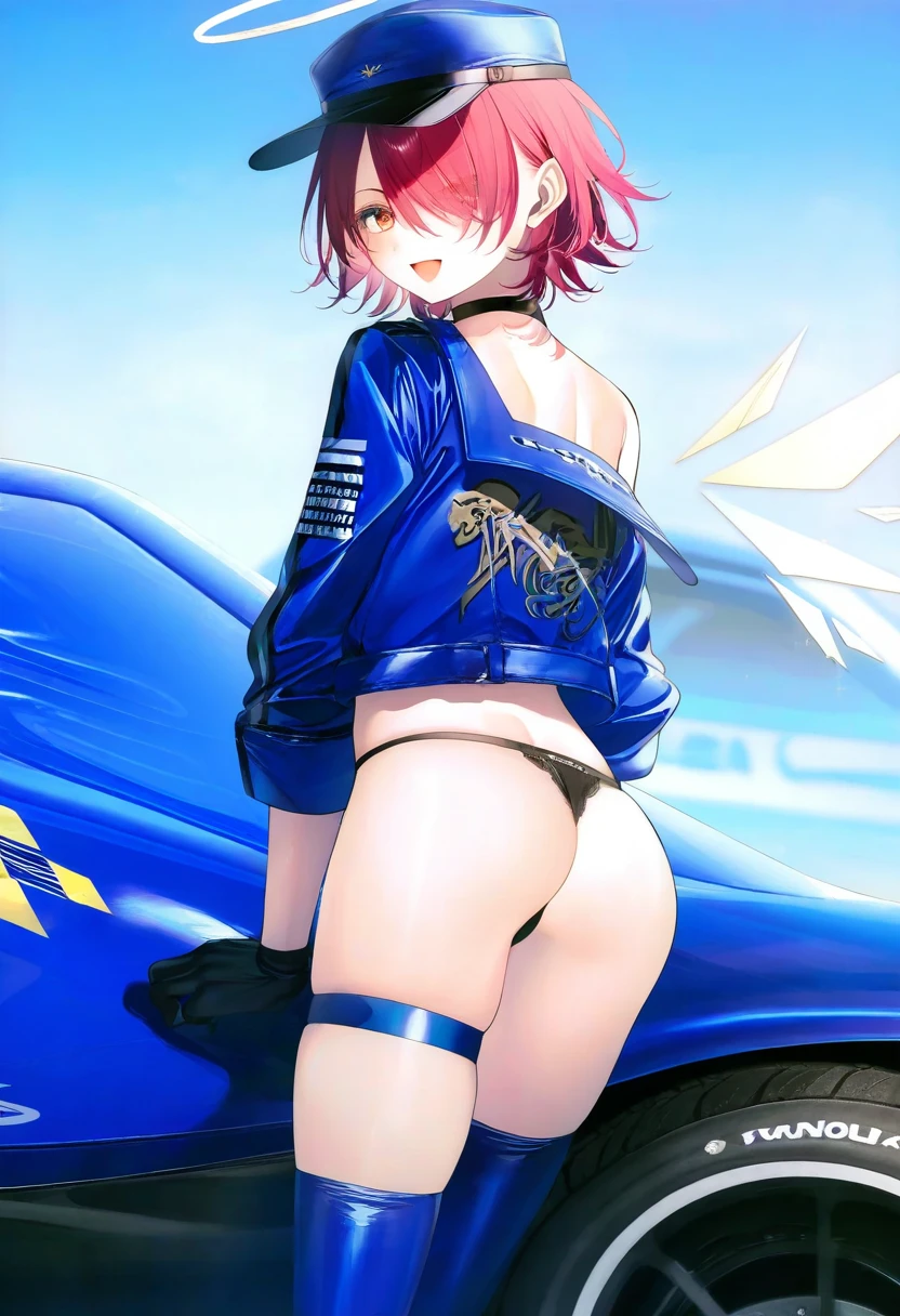 achiki,au \(d elete\),[hito komoru,tianliang duohe fangdongye],(toosaka asagi), - 1girl,exusiai \(arknights\),arknights,black gloves,black panties,blue thigh boots,blue hat,blue jacket,long sleeves,race queen,thigh strap,thong,single bare shoulder,skindentation,tire,
